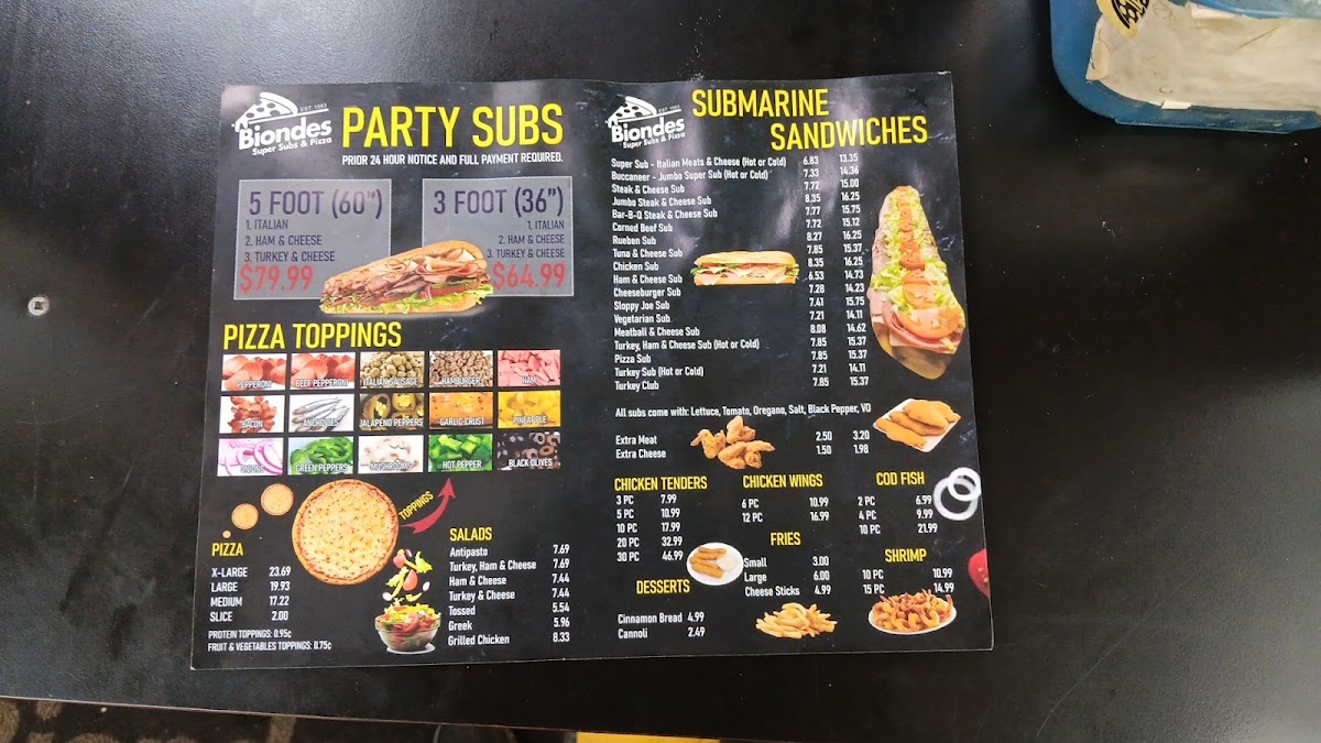 Menu Bionde's Super Sub & Pizza-1